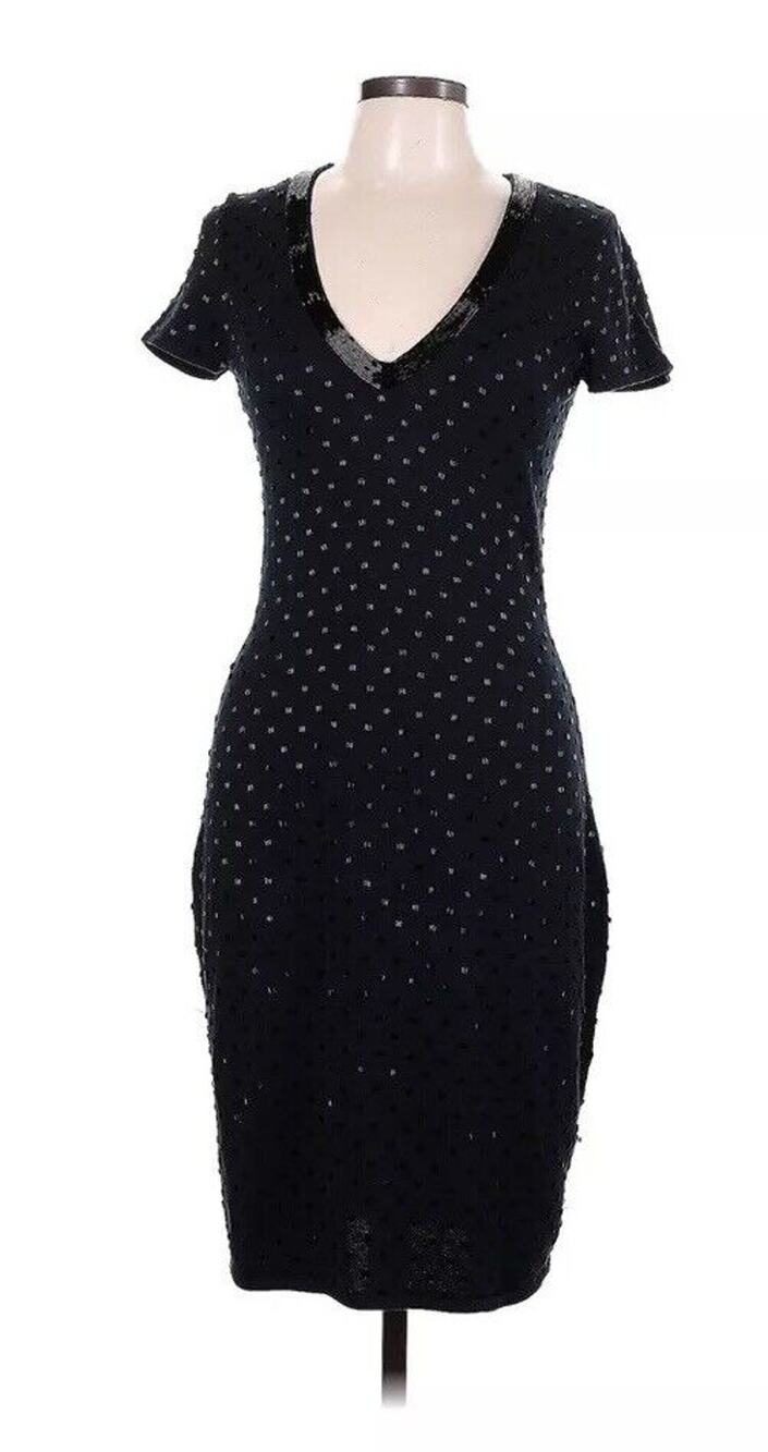 Temperley London Black V-Neck Short Sleeves Beaded Black Dress L